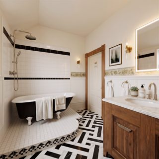 Bathroom with clawfoot tub and tiled floor