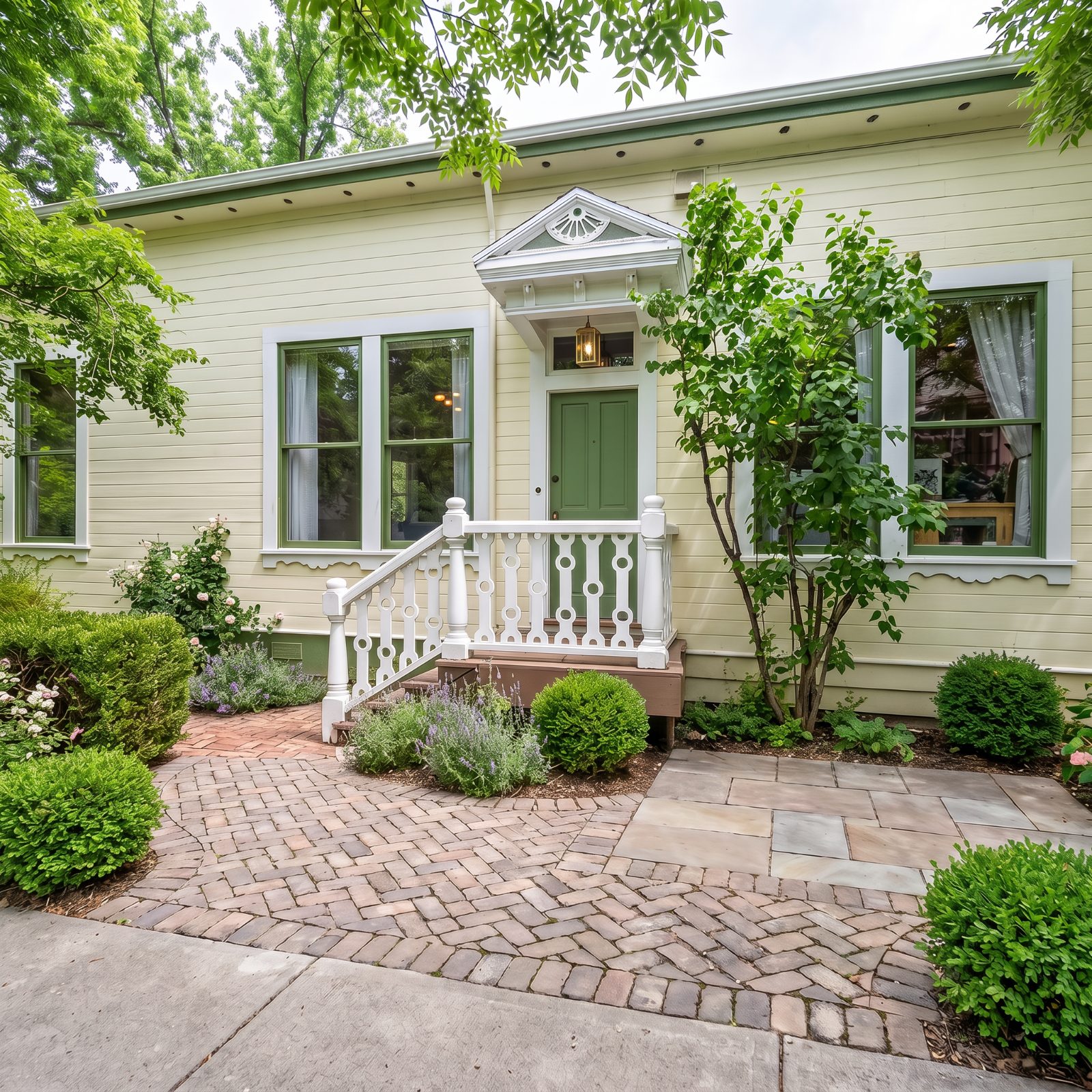 Front entry with brick walkway and garden beds