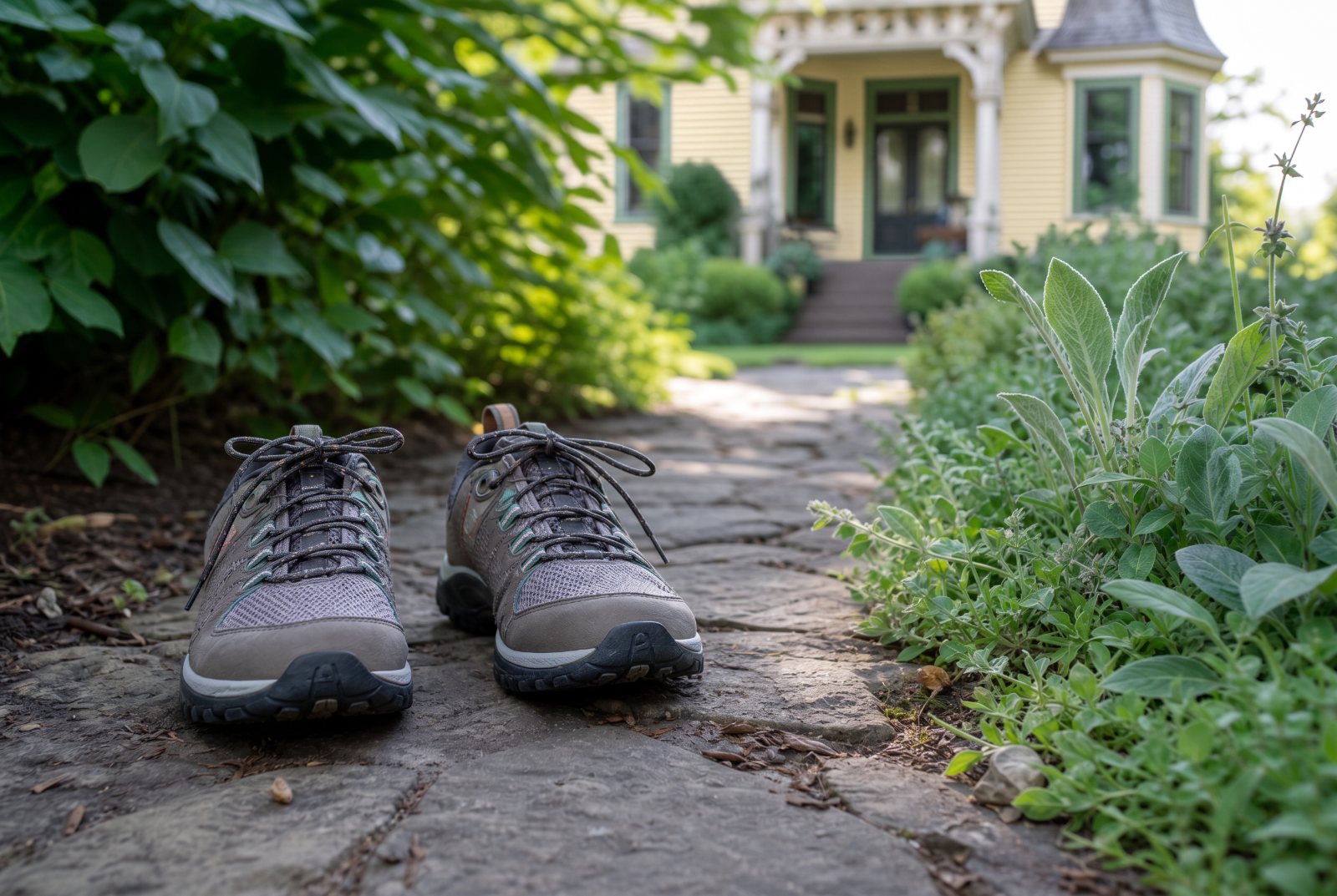 Walking shoes on the garden path to the house